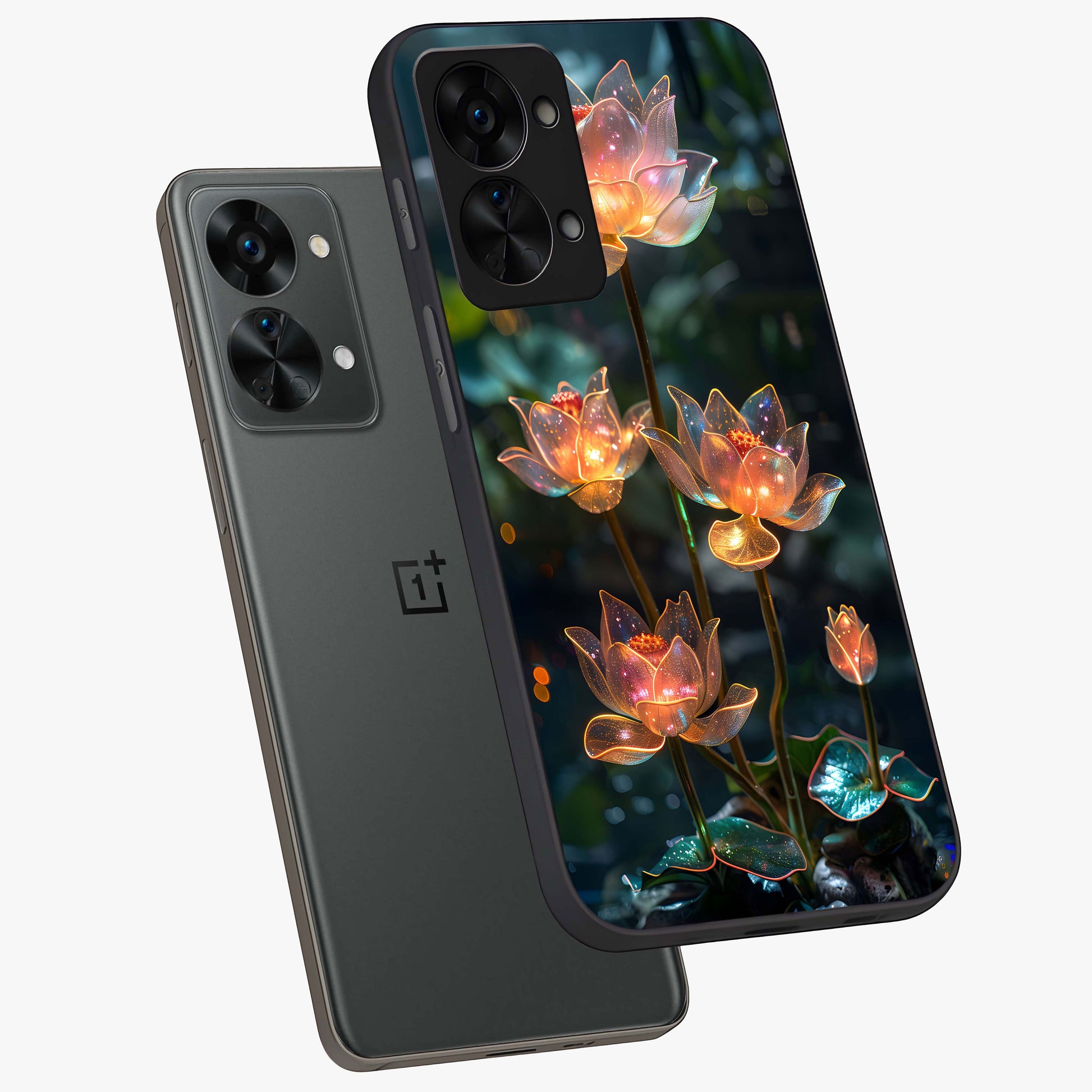 Celestial Lotus Light Glass Case for 1+Nord 2T angled mockup showcasing glossy finish and radiant celestial tones
