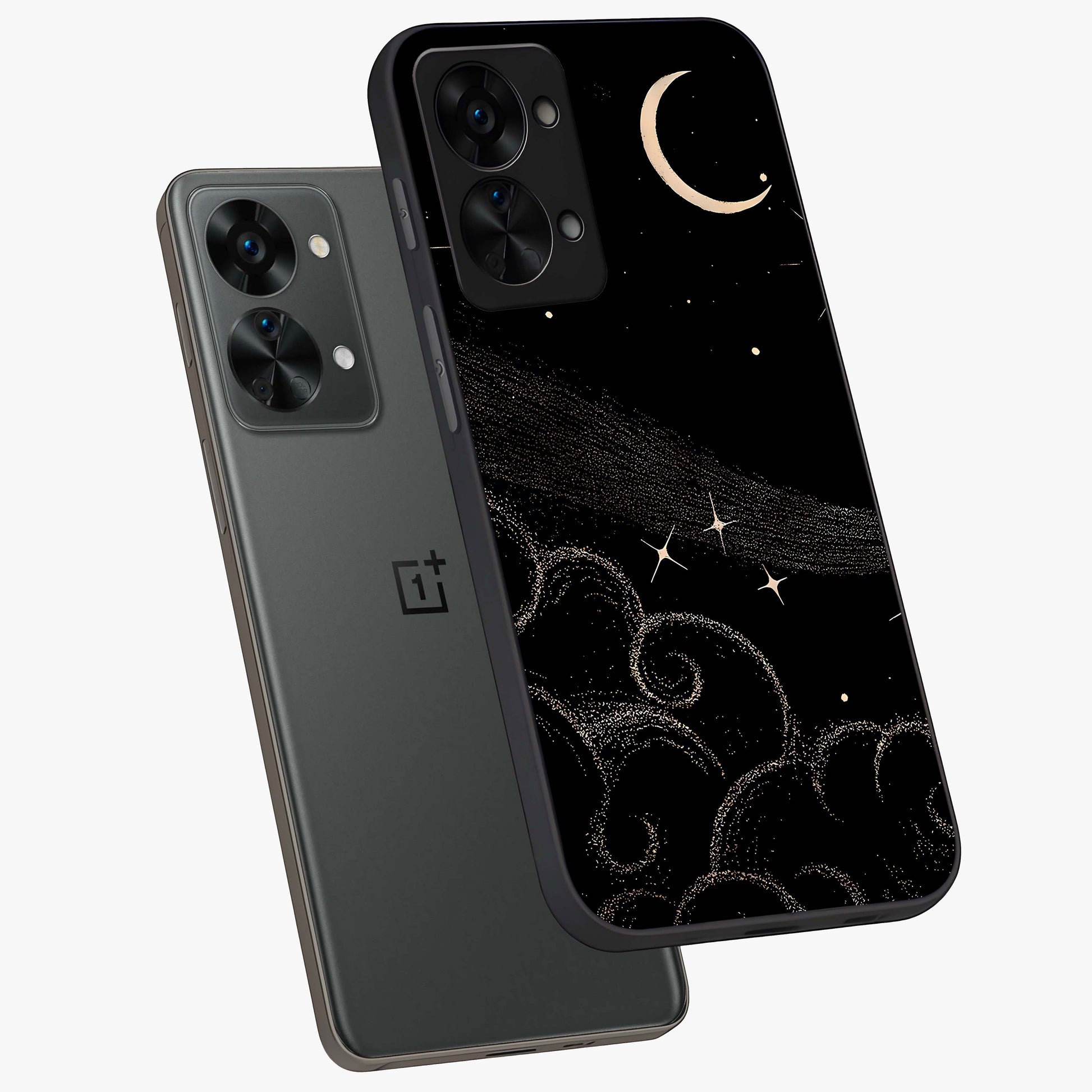 Celestial Midnight Veil Glass Case for 1+Nord 2T angled mockup showcasing glossy finish and dark celestial gradients