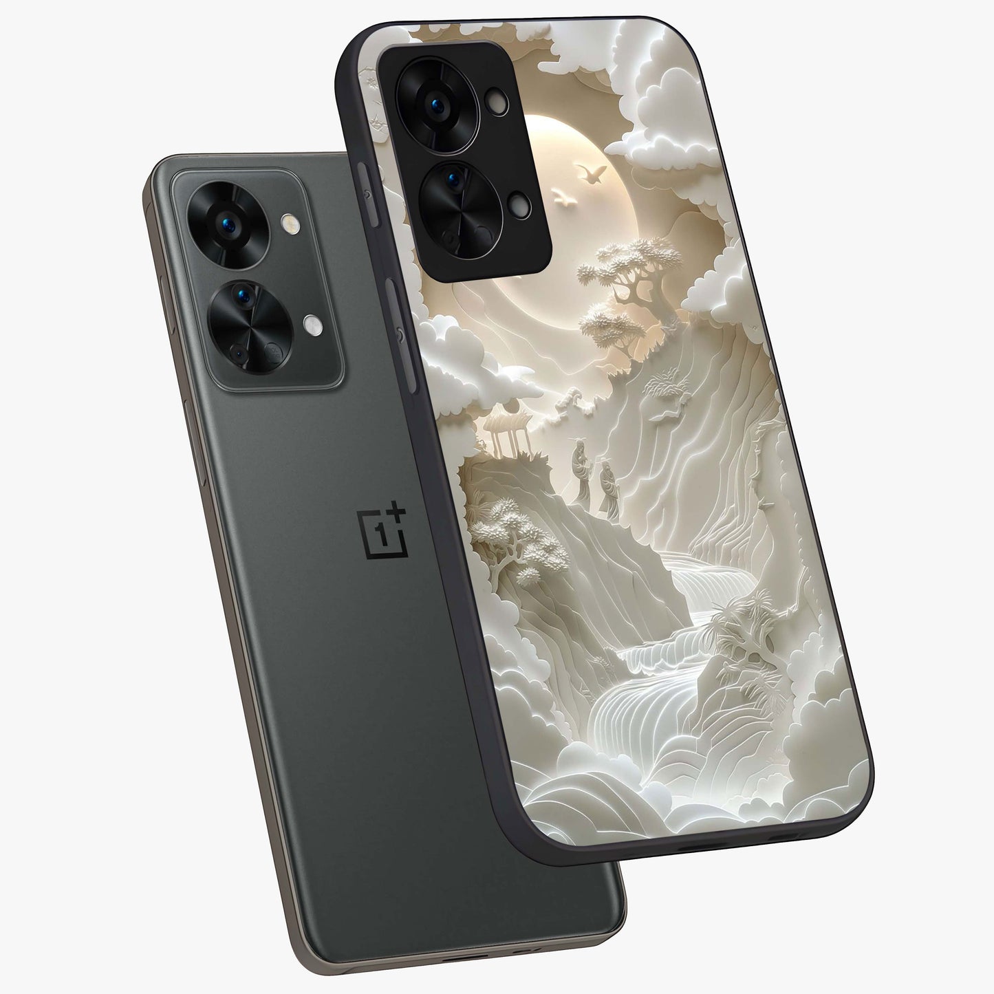 Celestial Origami Glass Case for 1+Nord 2T angled mockup showcasing glossy finish and geometric celestial design