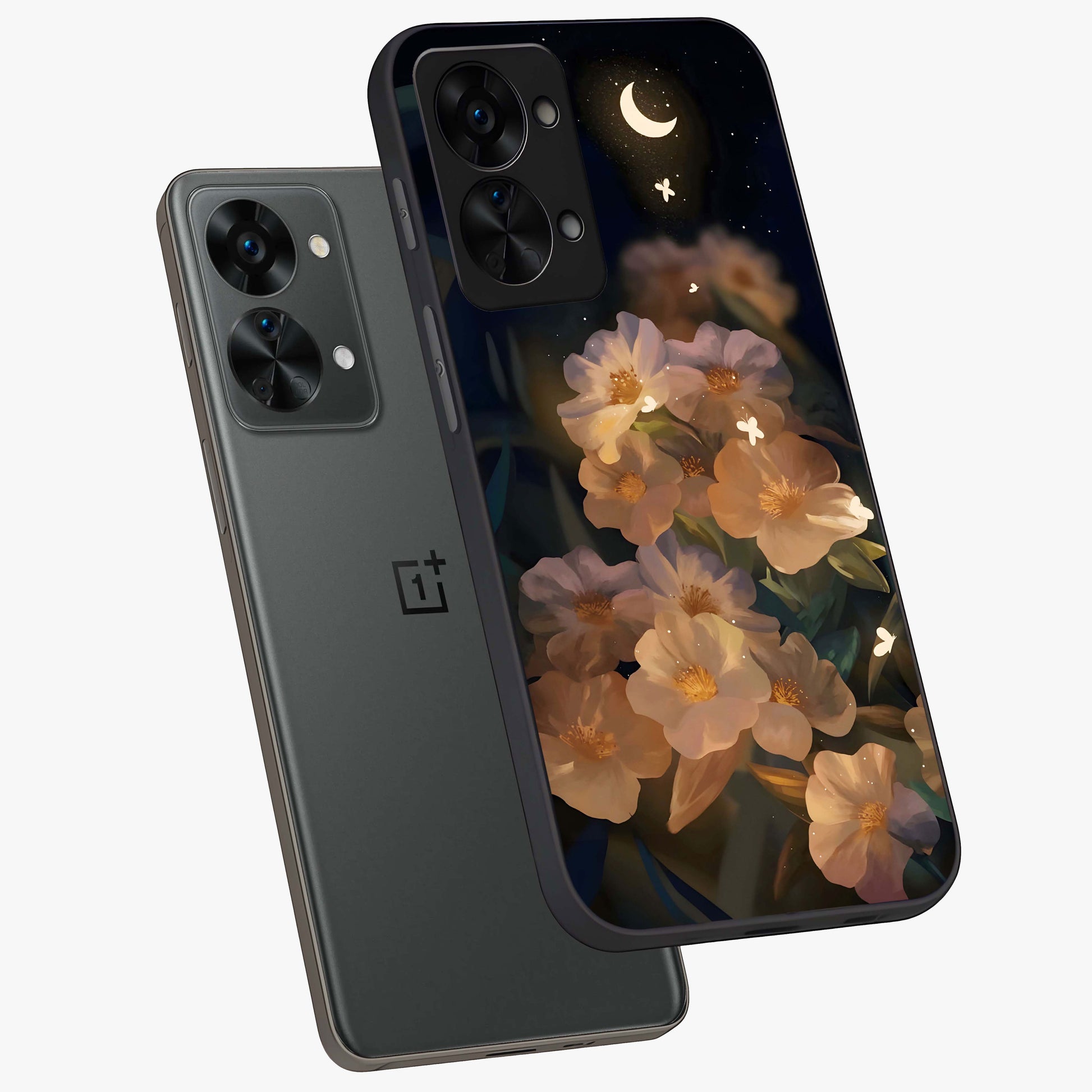 Celestial Petal Night Glass Case for 1+Nord 2T angled mockup showcasing glossy finish and glowing celestial accents