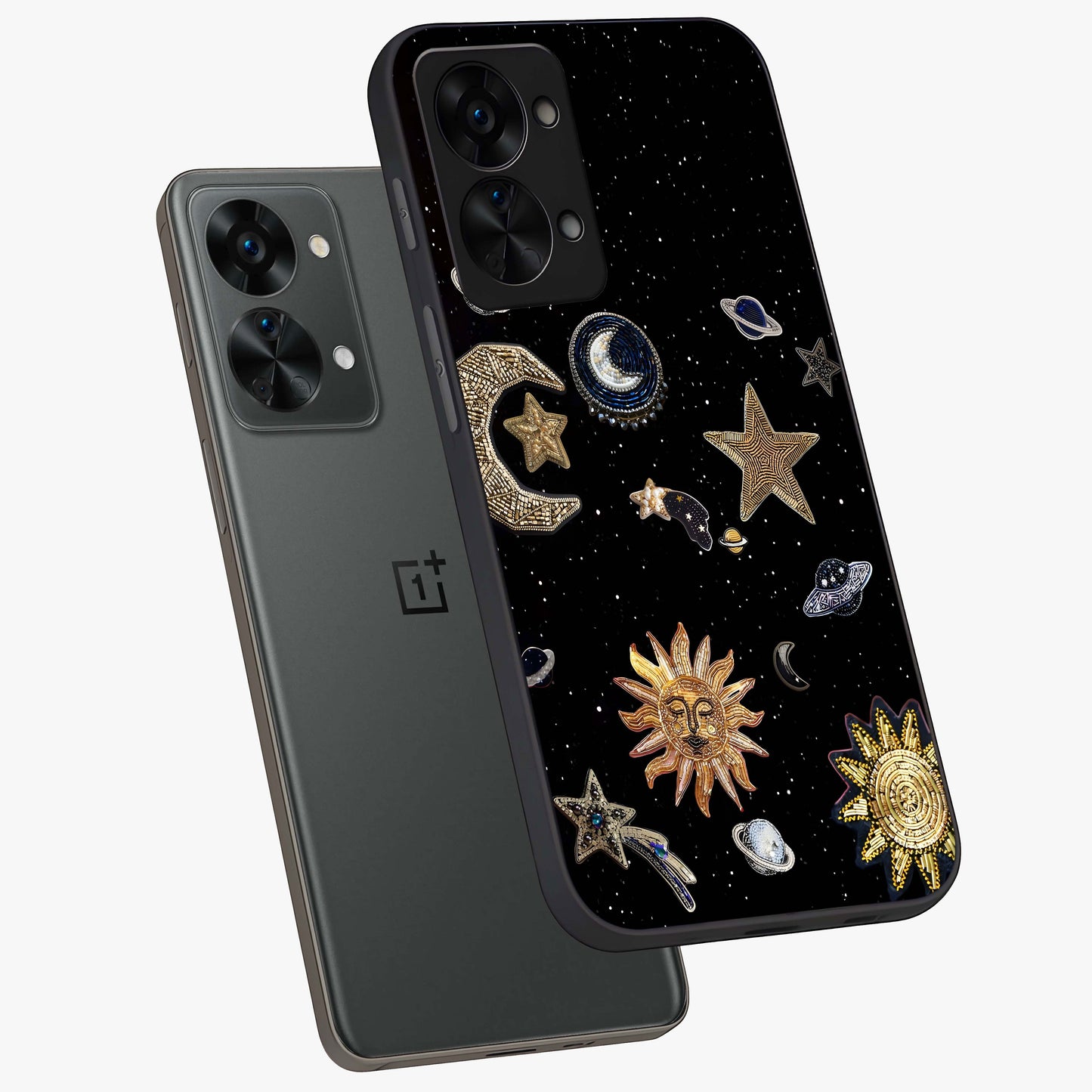 Celestial Star Charm Glass Case for 1+Nord 2T angled mockup showcasing glossy finish and shimmering celestial tones