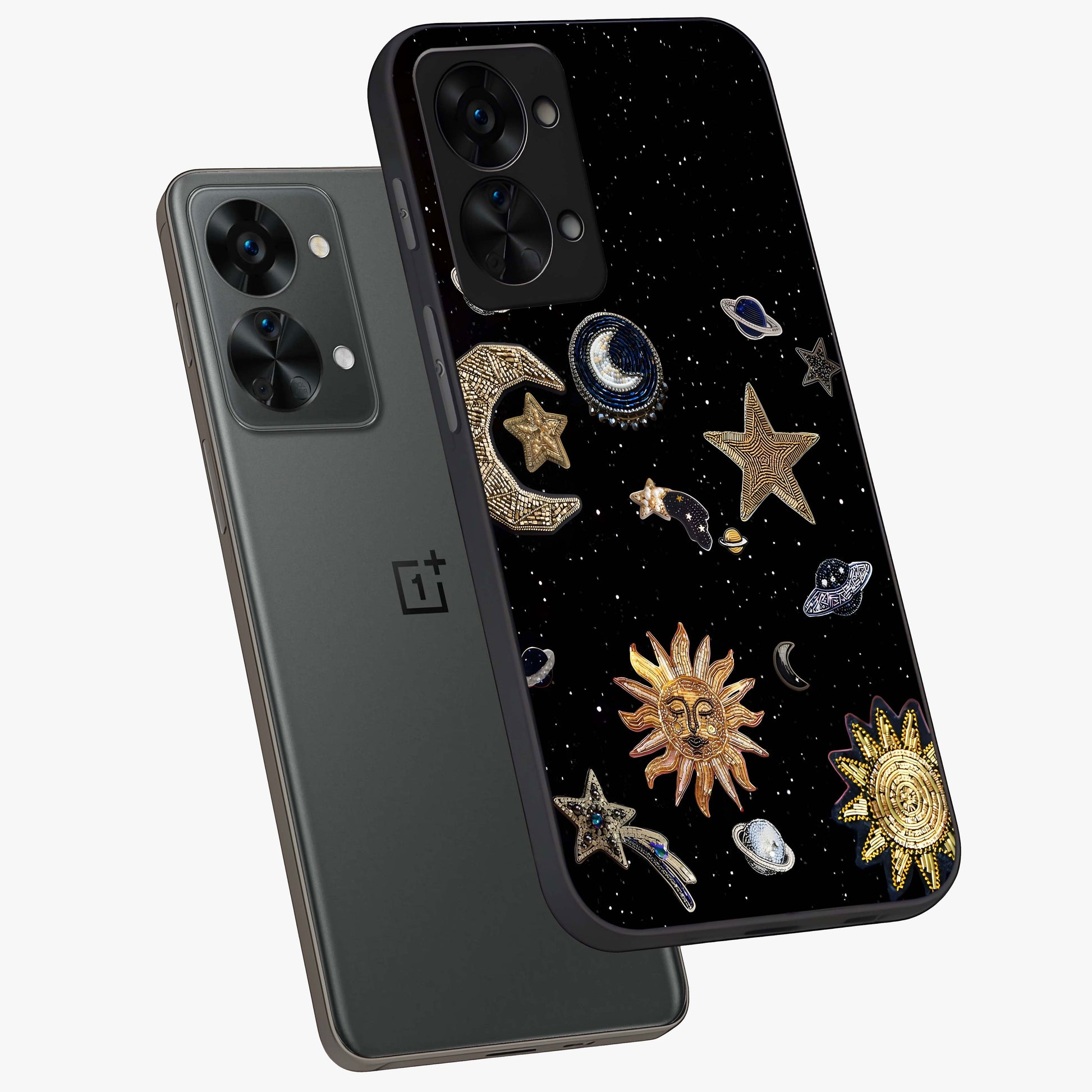 Celestial Star Charm Glass Case for 1+Nord 2T angled mockup showcasing glossy finish and shimmering celestial tones