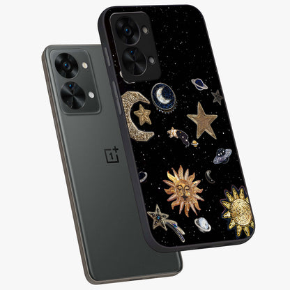 Celestial Star Charm Glass Case for 1+Nord 2T angled mockup showcasing glossy finish and shimmering celestial tones
