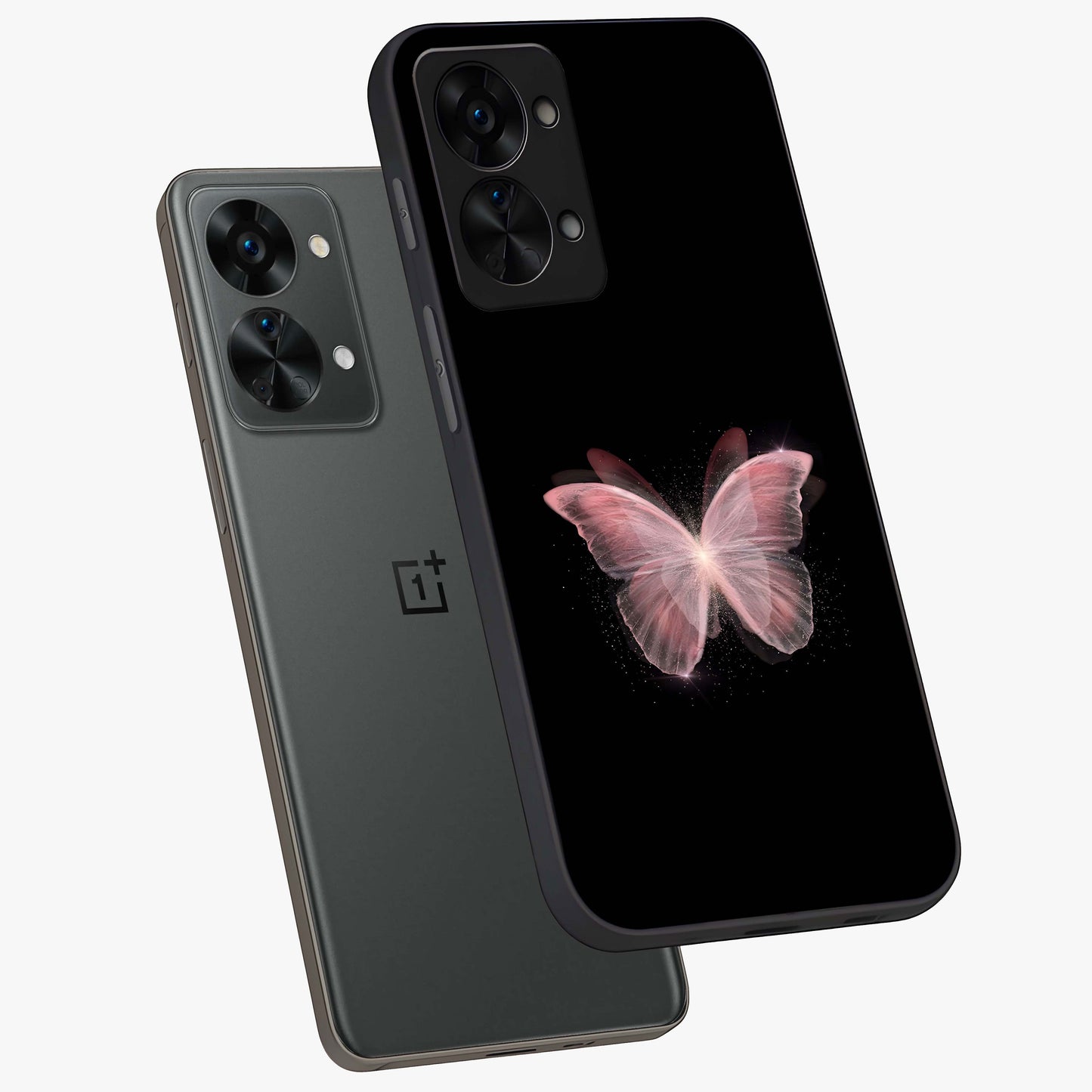 Celestial Wings Butterfly Glass Case for 1+Nord 2T angled mockup showcasing glossy finish and luminous wing detailing