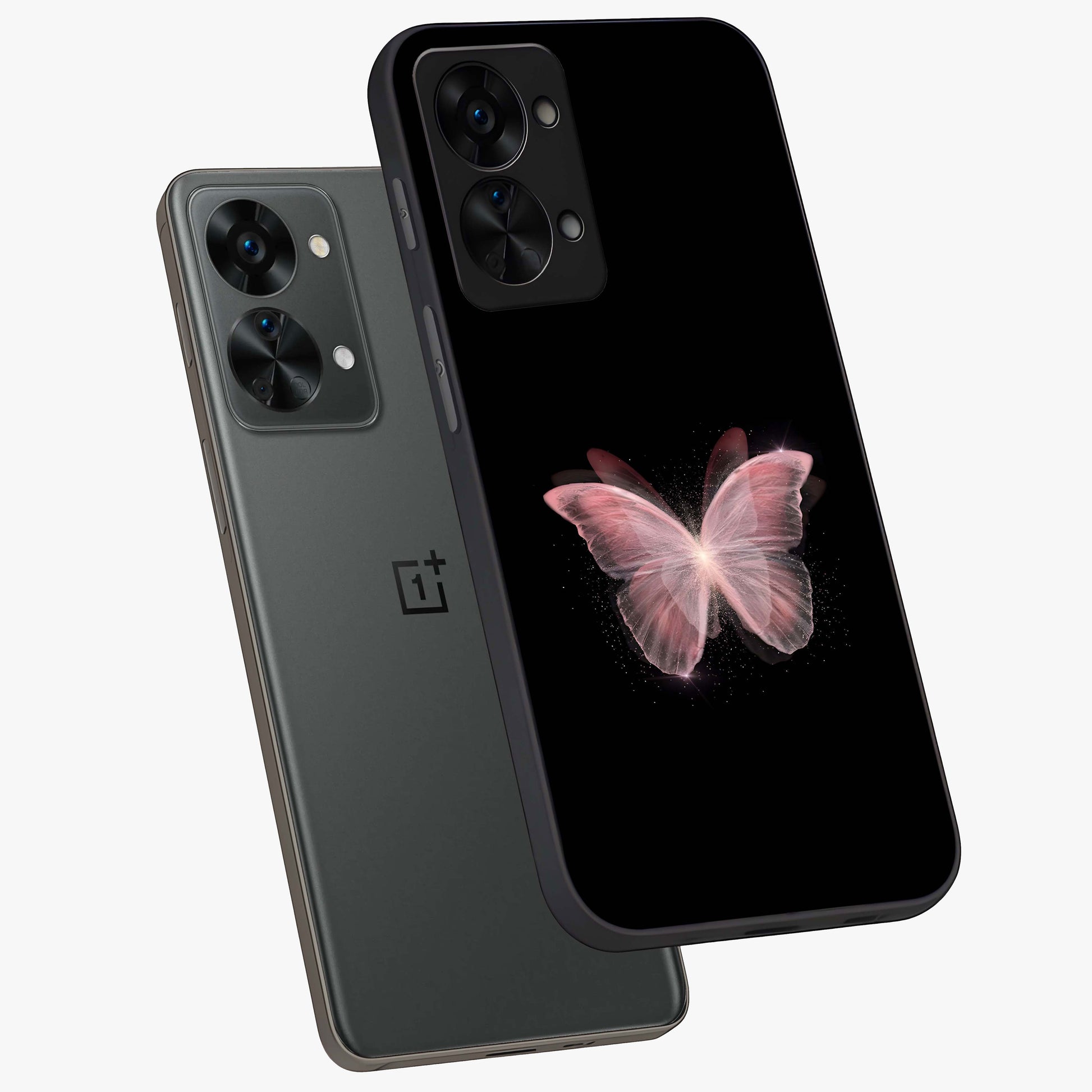 Celestial Wings Butterfly Glass Case for 1+Nord 2T angled mockup showcasing glossy finish and luminous wing detailing