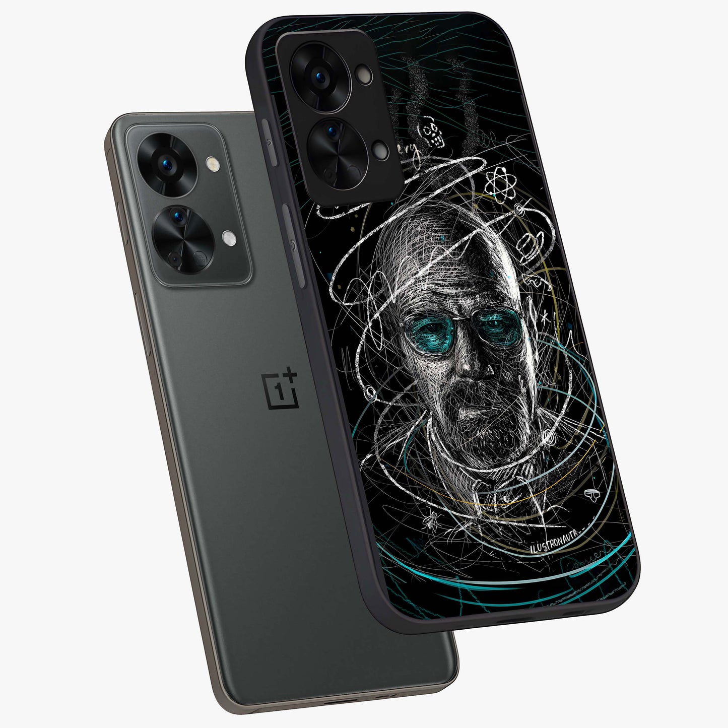 Chaotic Mind Genius Glass Case for 1+Nord 2T angled mockup showcasing glossy finish and edgy artistic design