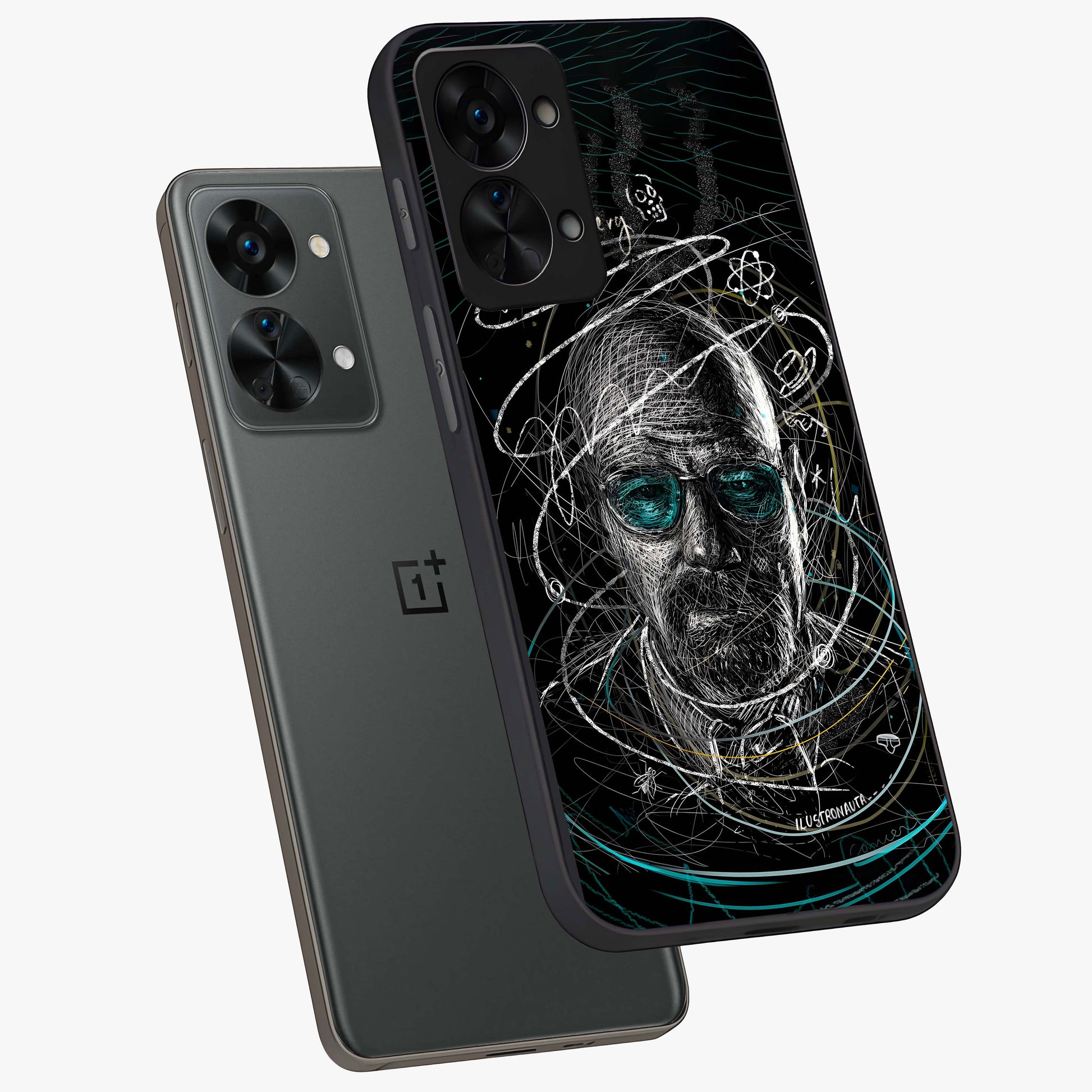 Chaotic Mind Genius Glass Case for 1+Nord 2T angled mockup showcasing glossy finish and edgy artistic design