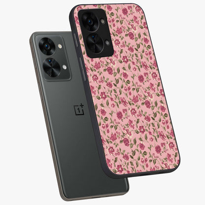 Charming Pink Floral Glass Case for 1+Nord 2T angled mockup showcasing glossy finish and elegant bloom detailing