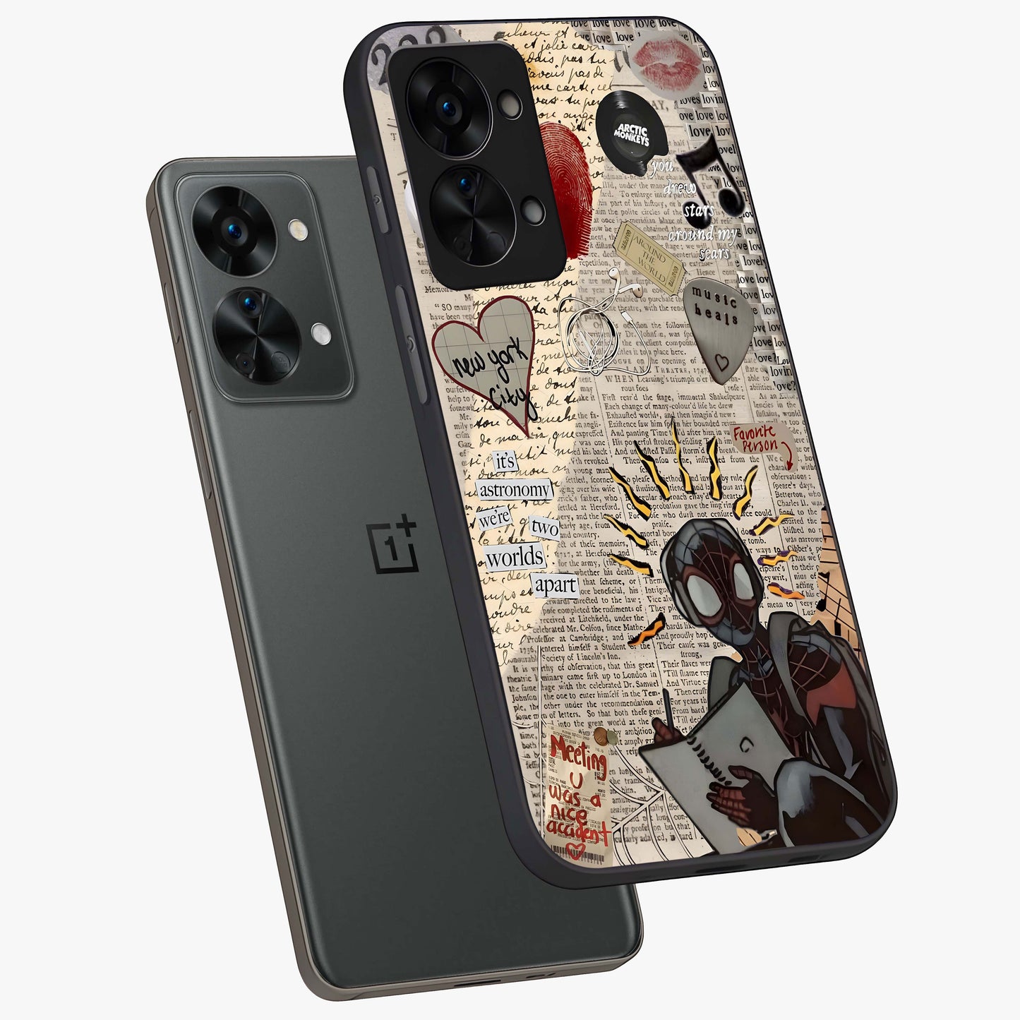 City Dream Sketch Glass Case for 1+Nord 2T captured at a warm angle highlighting urban line details, gloss, and edge clarity.