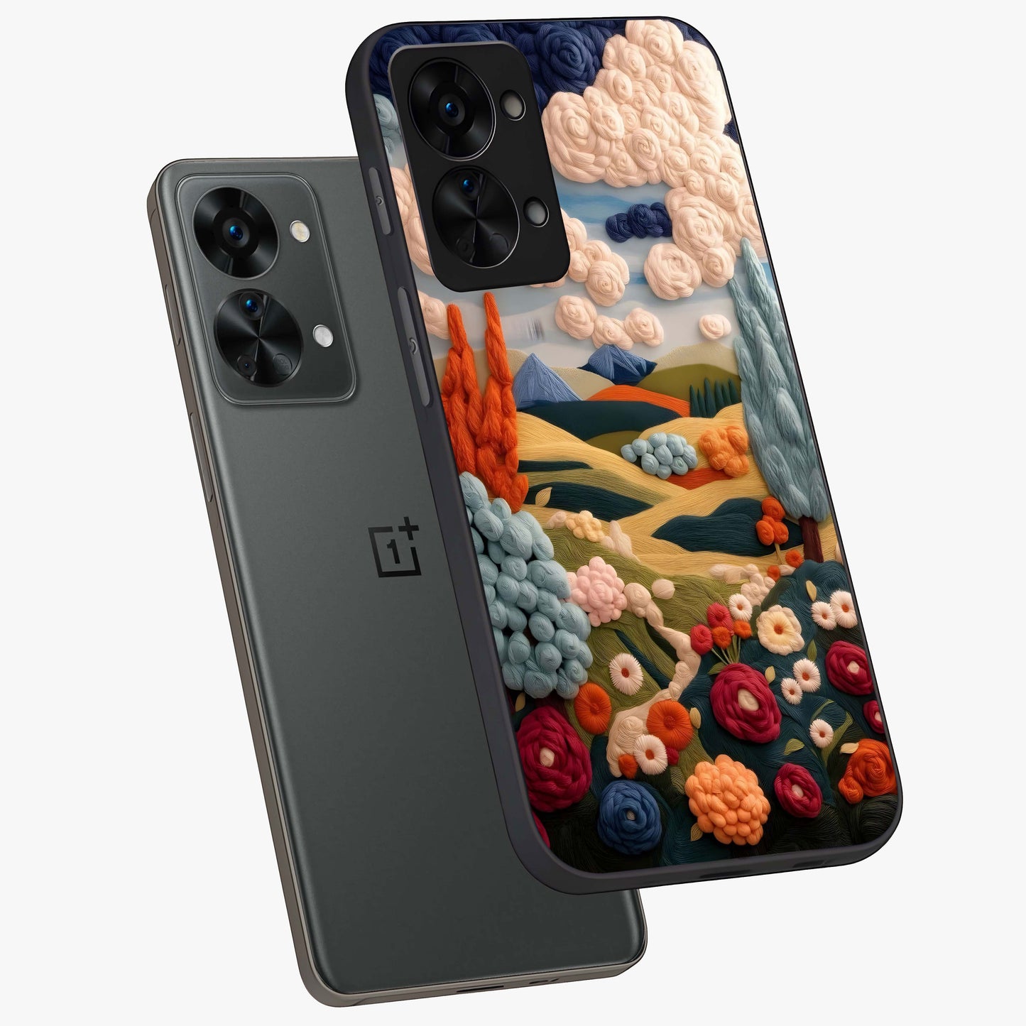 Cloud Cotton Meadows Printed Glass Case for 1+Nord 2T angled mockup showcasing glossy glass finish and airy pastel design