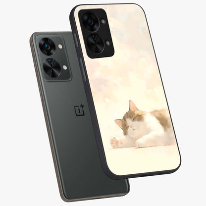 Cloud Nap Cat Glass Case for 1+Nord 2T angled mockup showcasing glossy finish and cozy pastel tones