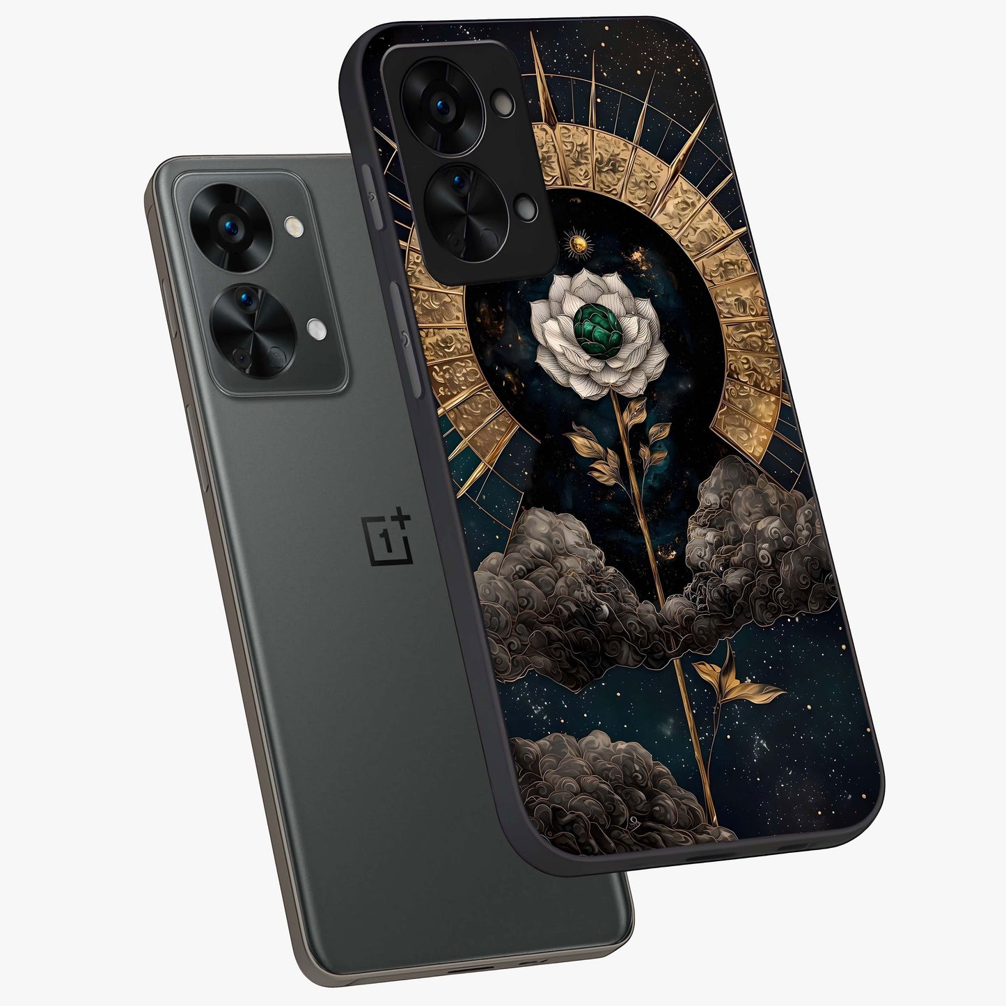 Cosmic Bloom Rose Glass Case for 1+Nord 2T angled mockup showcasing glossy finish and vibrant celestial floral tones
