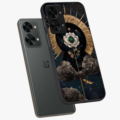 Cosmic Bloom Rose Glass Case for 1+Nord 2T angled mockup showcasing glossy finish and vibrant celestial floral tones