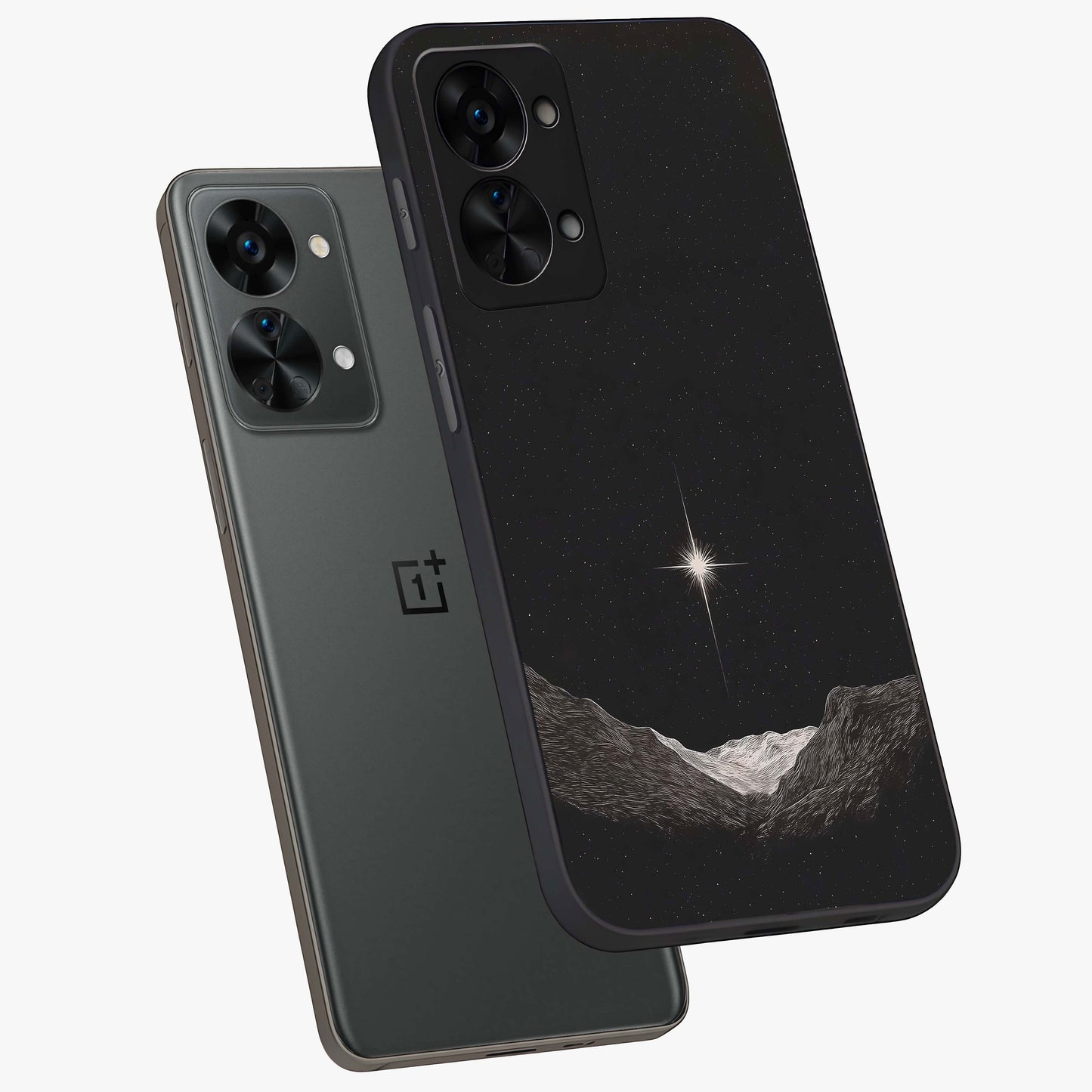 Cosmic Dream Night Glass Case for 1+Nord 2T angled mockup showcasing glossy finish and rich midnight gradients