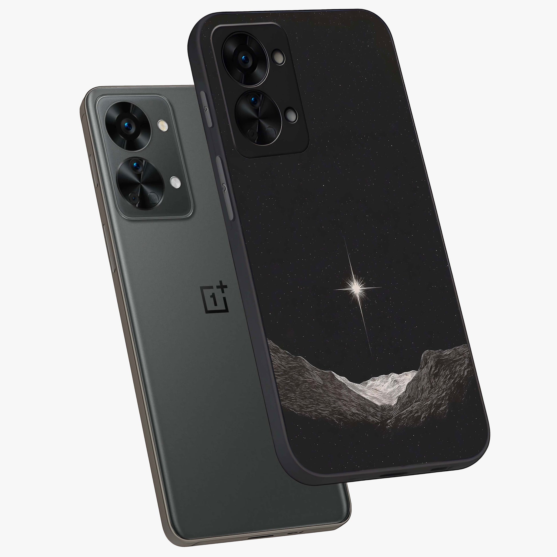 Cosmic Dream Night Glass Case for 1+Nord 2T angled mockup showcasing glossy finish and rich midnight gradients