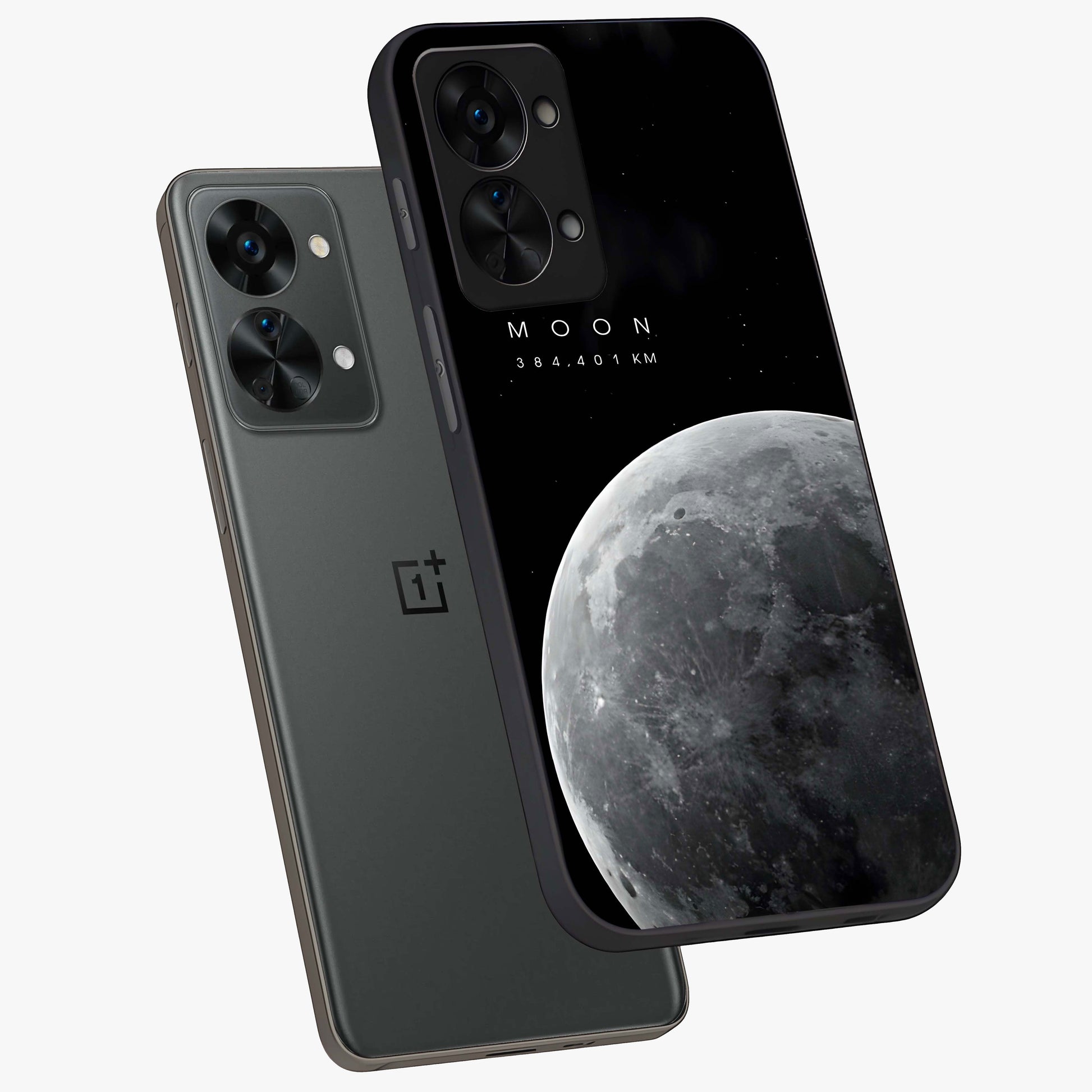 Cosmic Moon Glow Glass Case for 1+Nord 2T angled mockup showcasing glossy finish and luminous night design