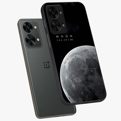 Cosmic Moon Glow Glass Case for 1+Nord 2T angled mockup showcasing glossy finish and luminous night design