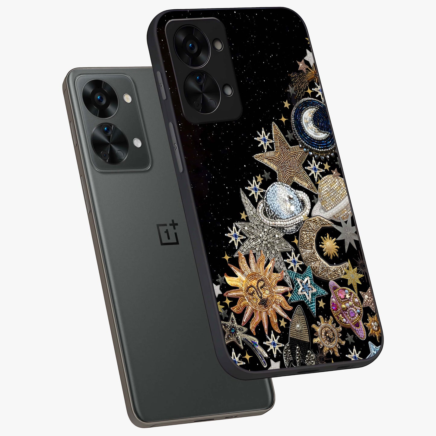 Cosmic Sparkle Dreams Glass Case for 1+Nord 2T angled mockup showcasing glossy finish and vibrant celestial glow