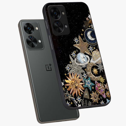Cosmic Sparkle Dreams Glass Case for 1+Nord 2T angled mockup showcasing glossy finish and vibrant celestial glow