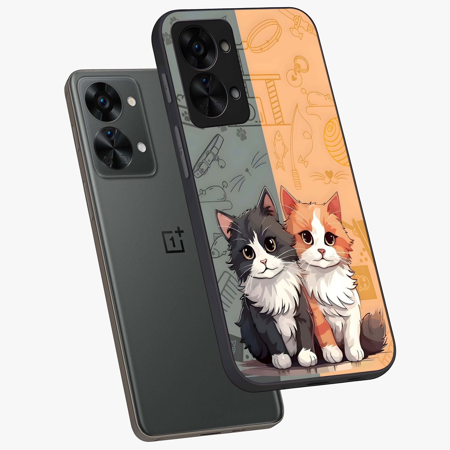 Cozy Cat Duo Glass Case for 1+Nord 2T angled mockup showcasing glossy finish and charming pastel tones