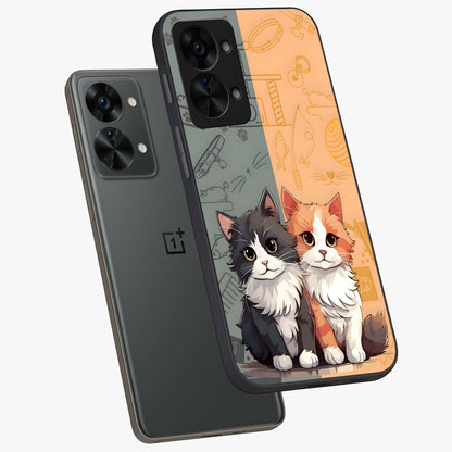 Cozy Cat Duo Glass Case for 1+Nord 2T angled mockup showcasing glossy finish and charming pastel tones