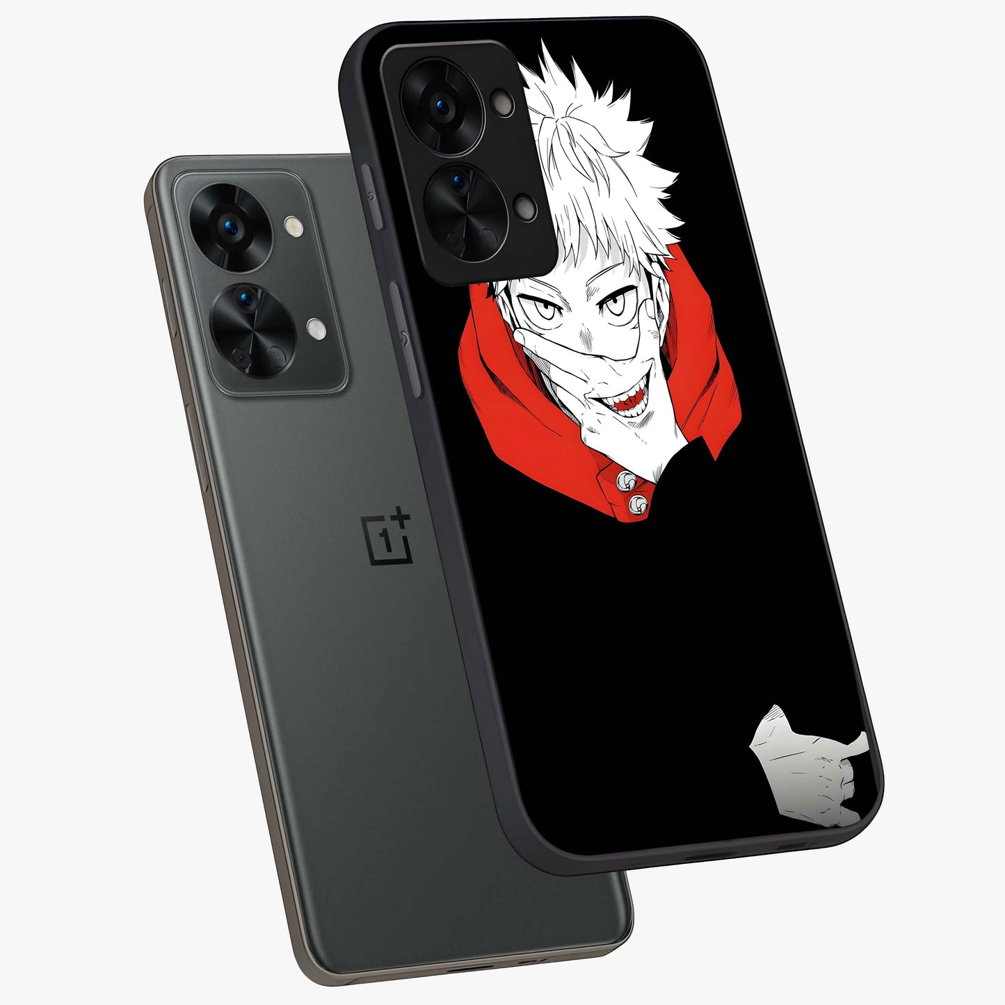 Crimson Chaos Smile Glass Case for 1+Nord 2T angled mockup showcasing glossy finish and dramatic red detailing