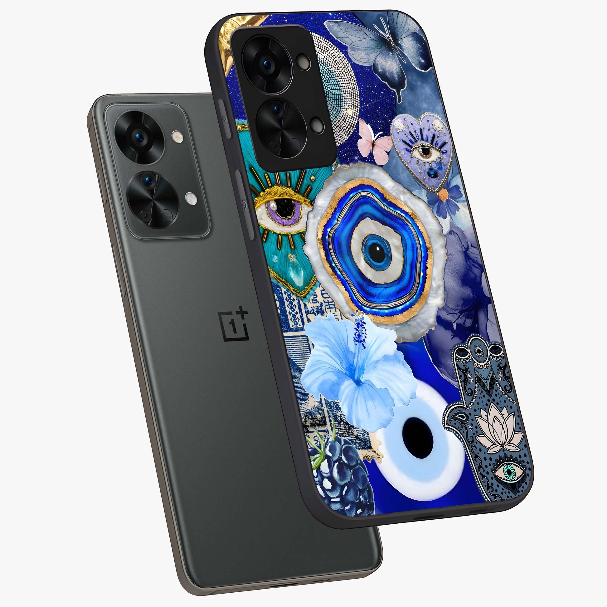 Crimson Evil Eye Charm Glass Case for 1+Nord 2T angled mockup showcasing glossy finish and vibrant symbolic detailing