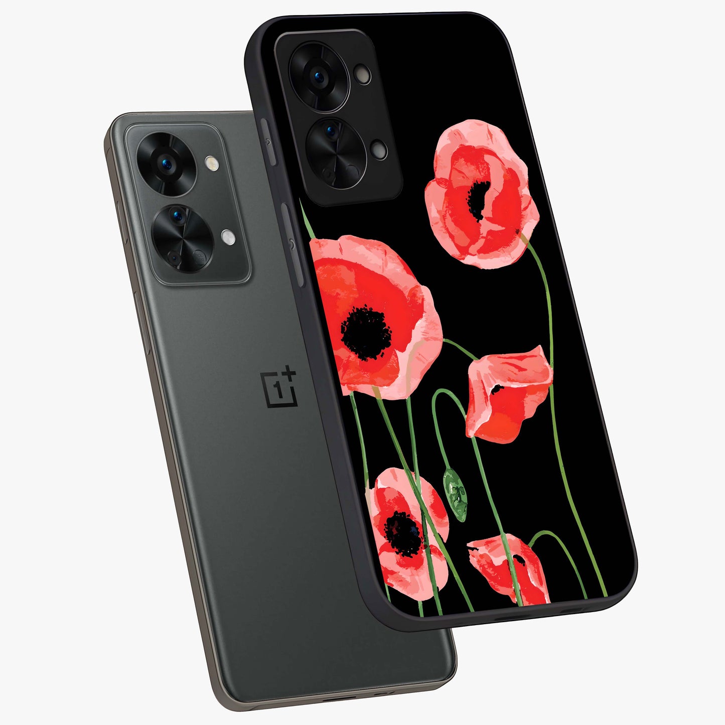 Crimson Garden Dream Glass Case for 1+Nord 2T angled mockup showcasing glossy finish and vibrant bloom detailing