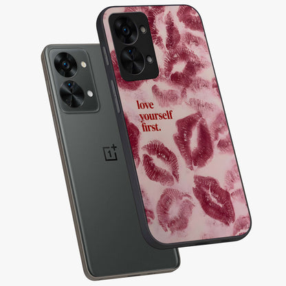 Crimson Kiss Love Glass Case for 1+Nord 2T angled mockup showcasing glossy glass finish and rich red tones