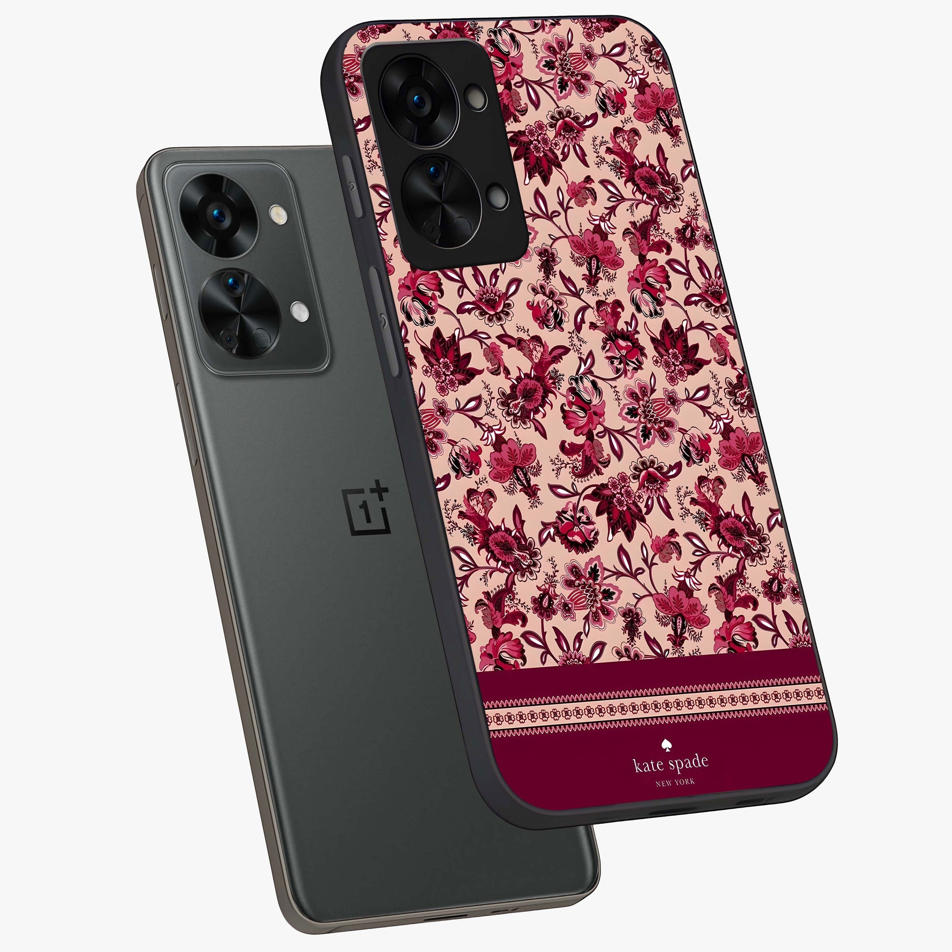 Crimson Rose Charm Glass Case for 1+Nord 2T angled mockup showcasing glossy finish and romantic floral detailing