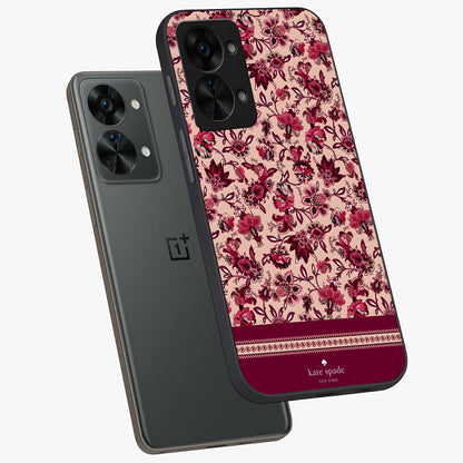 Crimson Rose Charm Glass Case for 1+Nord 2T angled mockup showcasing glossy finish and romantic floral detailing