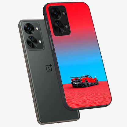 Crimson Speed Mirage Glass Case for 1+Nord 2T angled mockup showcasing glossy finish and dynamic speed detailing