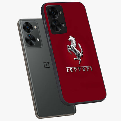 Crimson Stallion Prestige Glass Case for 1+Nord 2T angled mockup showcasing glossy finish and bold equestrian detailing