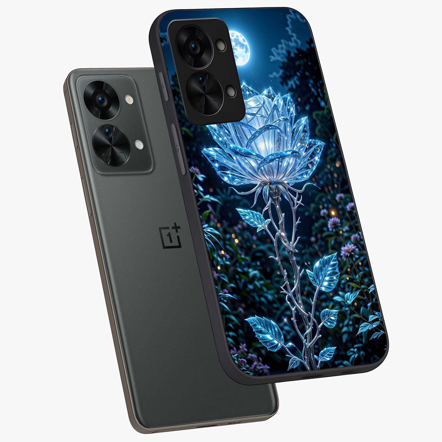 Crystal Moon Lotus Glass Case for 1+Nord 2T angled mockup showcasing glossy glass finish and luminous floral detailing