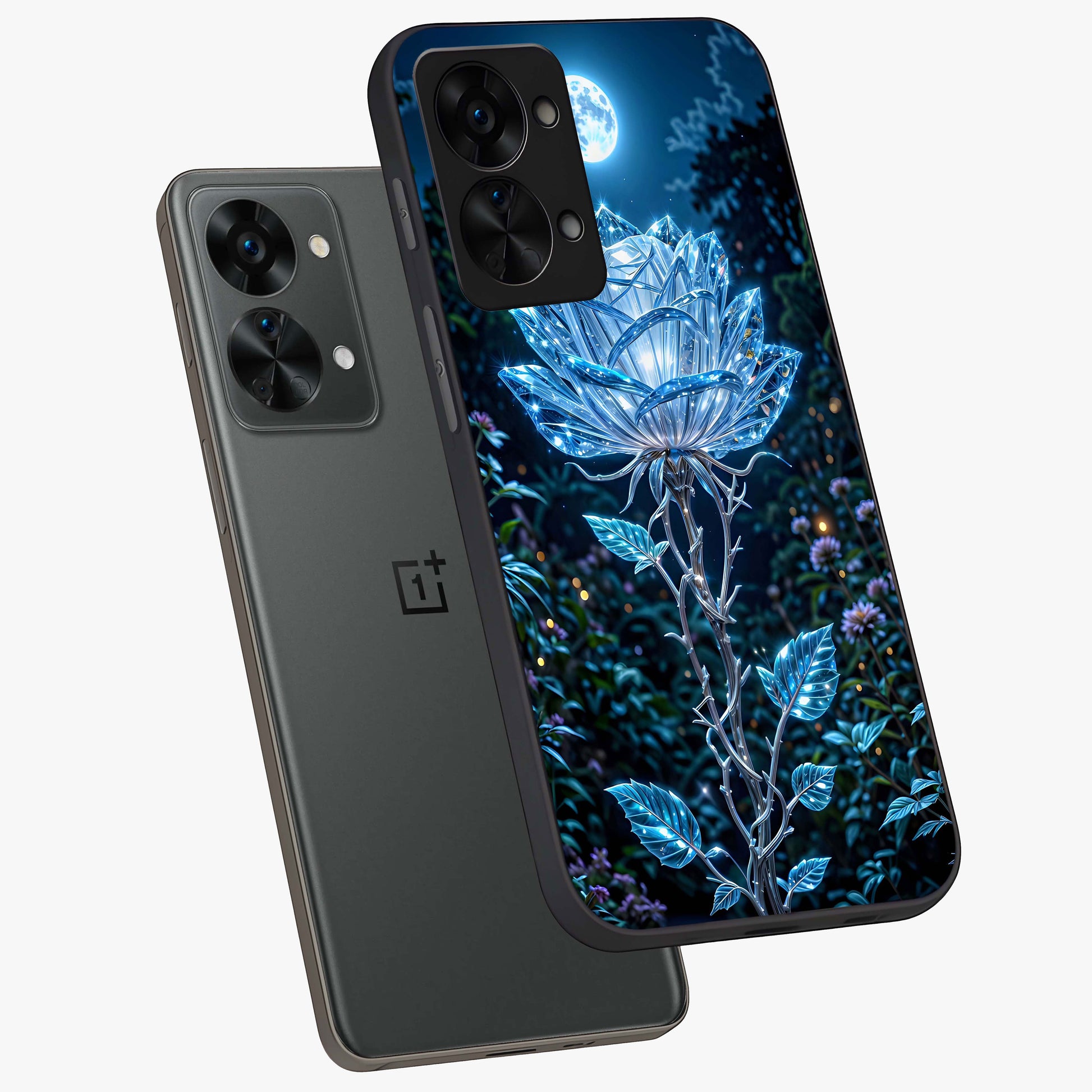 Crystal Moon Lotus Glass Case for 1+Nord 2T angled mockup showcasing glossy glass finish and luminous floral detailing