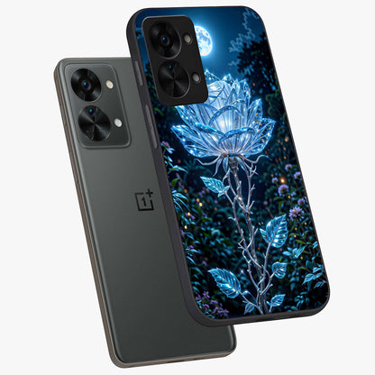 Crystal Moon Lotus Glass Case for 1+Nord 2T angled mockup showcasing glossy glass finish and luminous floral detailing