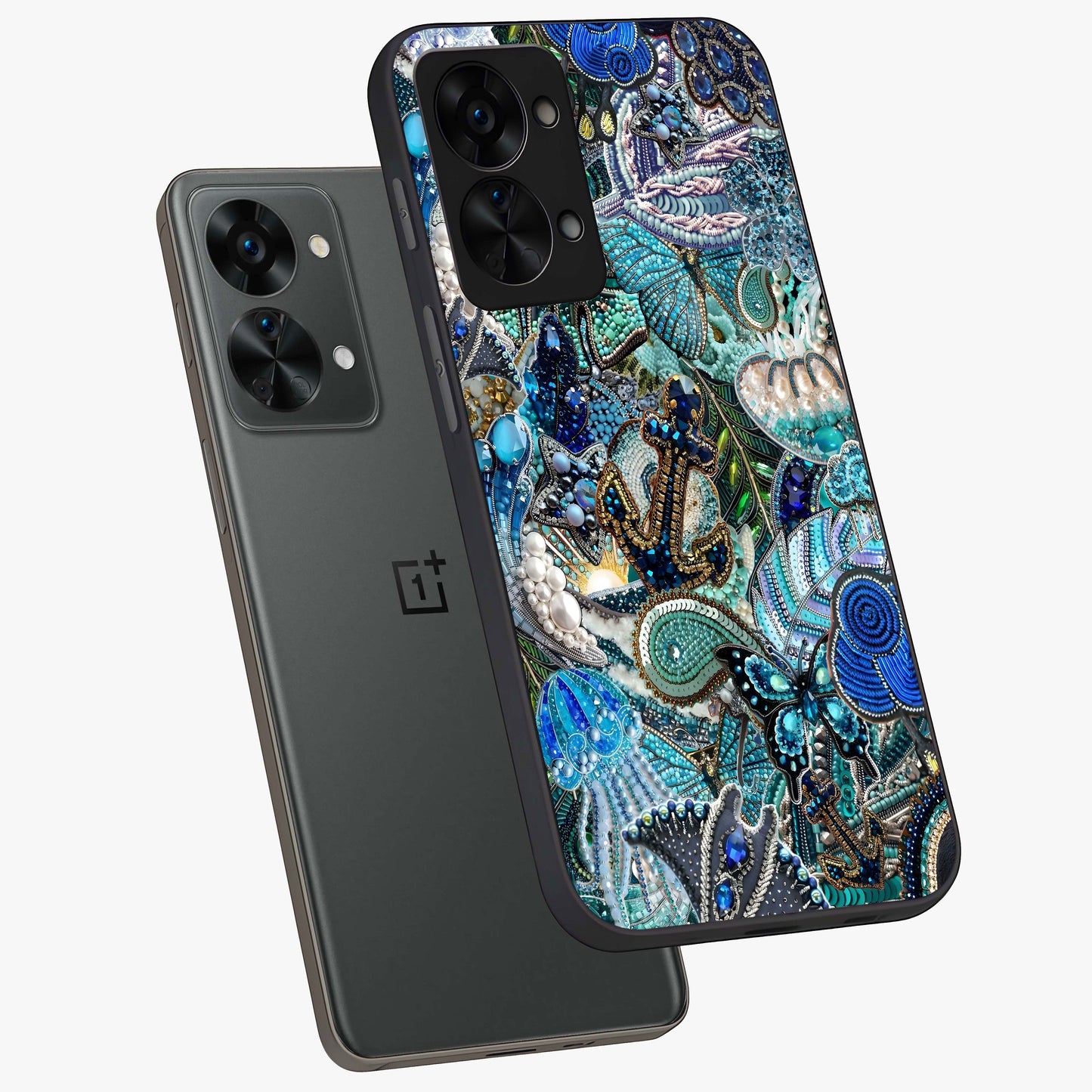 Crystal Ocean Magic Glass Case for 1+Nord 2T angled mockup showcasing glossy finish and flowing aqua tones