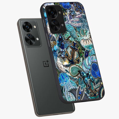 Crystal Ocean Magic Glass Case for 1+Nord 2T angled mockup showcasing glossy finish and flowing aqua tones