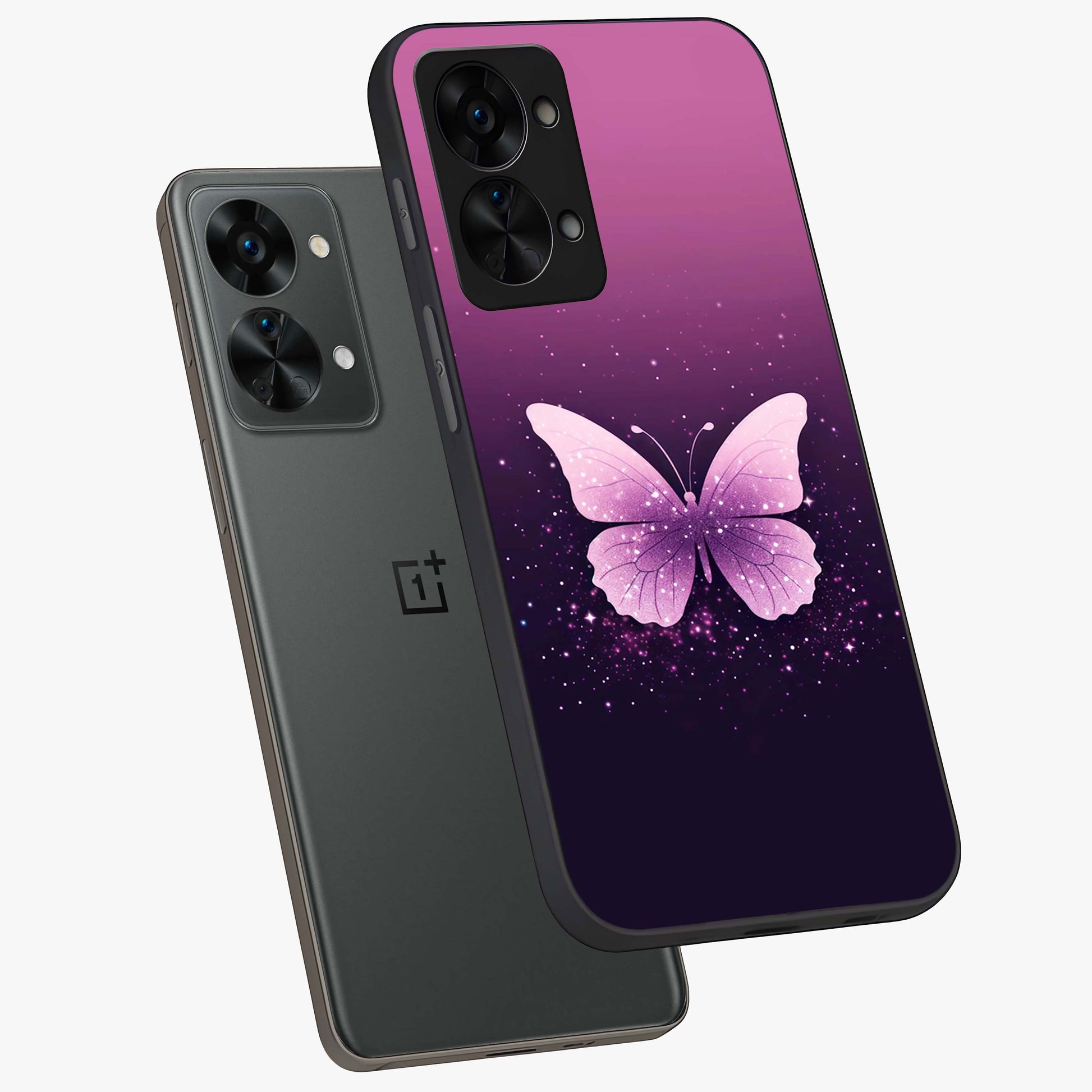 Cute Starry Butterfly Glass Case for 1+Nord 2T angled mockup showcasing glossy finish and celestial pastel tones