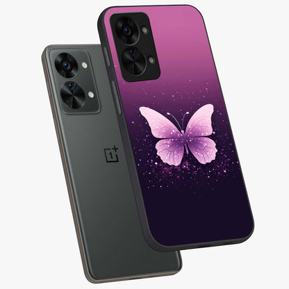 Cute Starry Butterfly Glass Case for 1+Nord 2T angled mockup showcasing glossy finish and celestial pastel tones