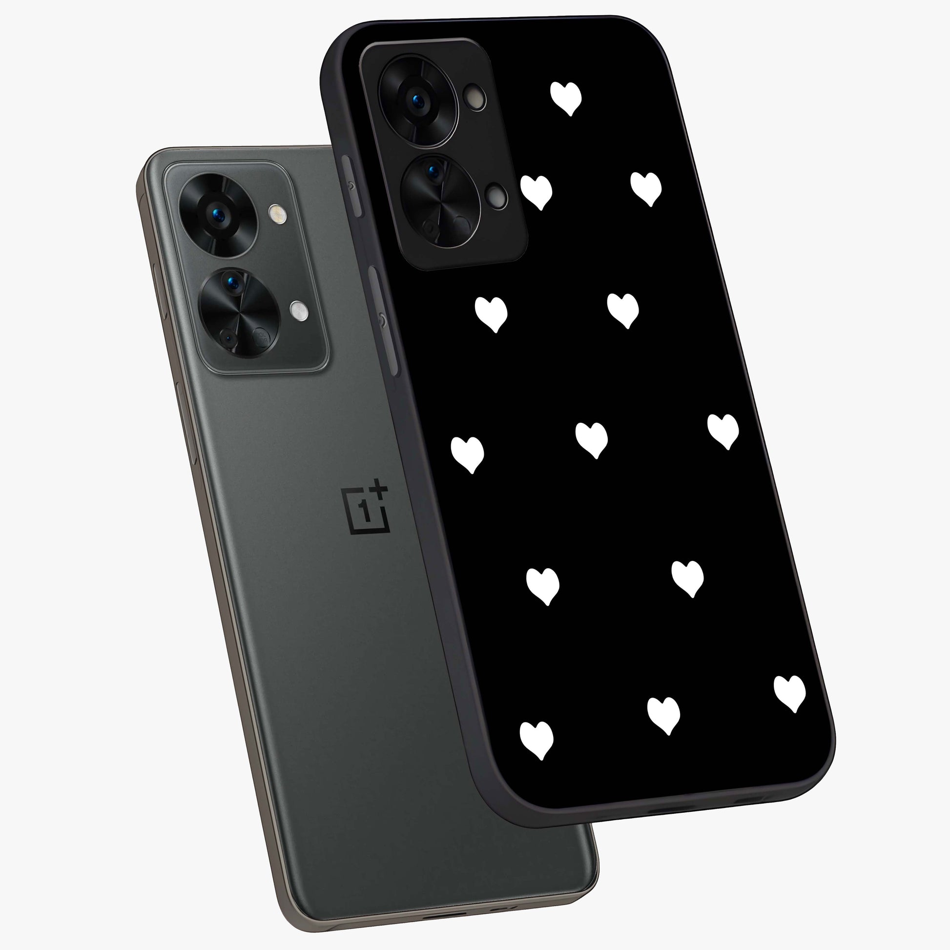 Cute Simple White Hearts Glass Case for 1+Nord 2T angled mockup showcasing glossy finish and bold shadow detailing