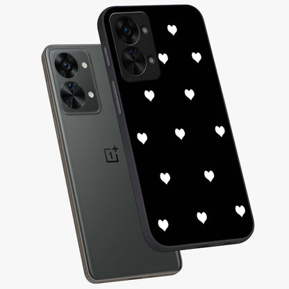 Cute Simple White Hearts Glass Case for 1+Nord 2T angled mockup showcasing glossy finish and bold shadow detailing