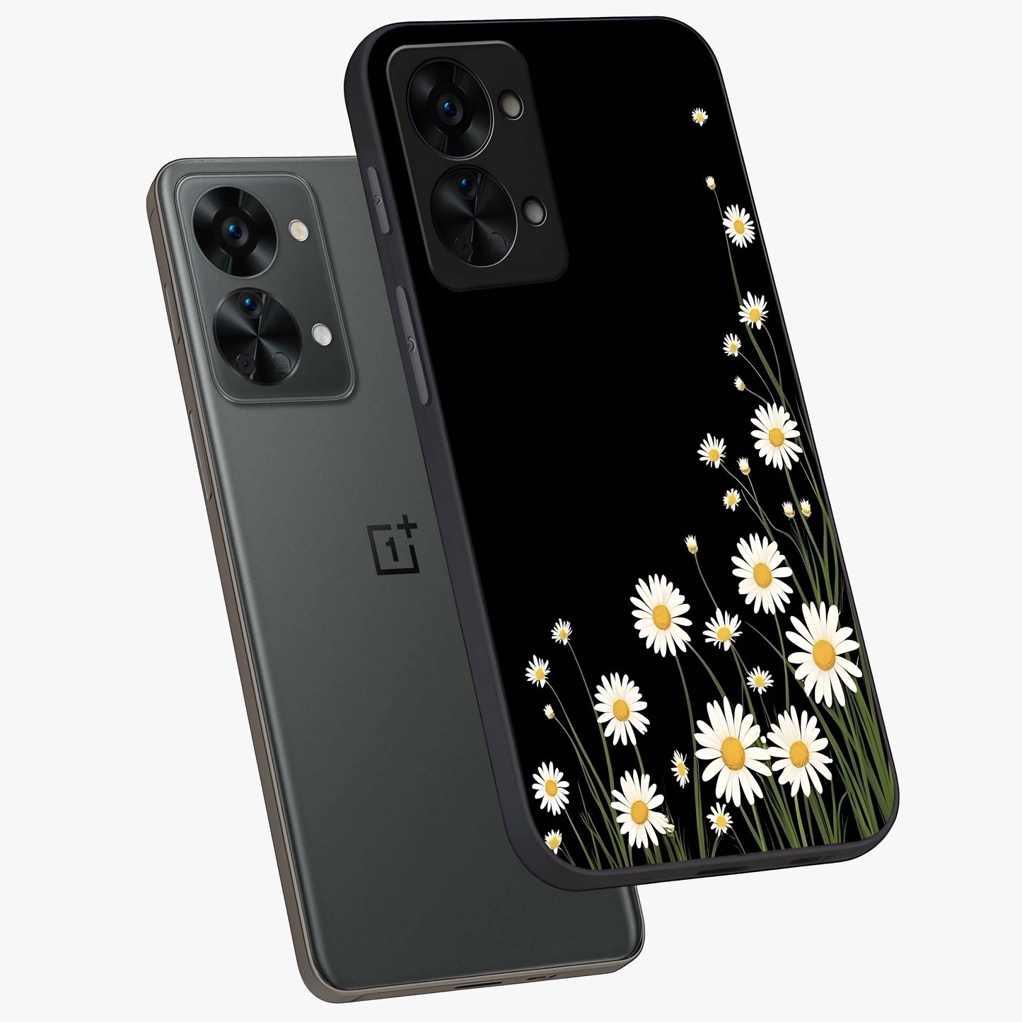 Daisy Cascade on Black Glass Case for 1+Nord 2T angled mockup showcasing glossy finish and bold floral contrast