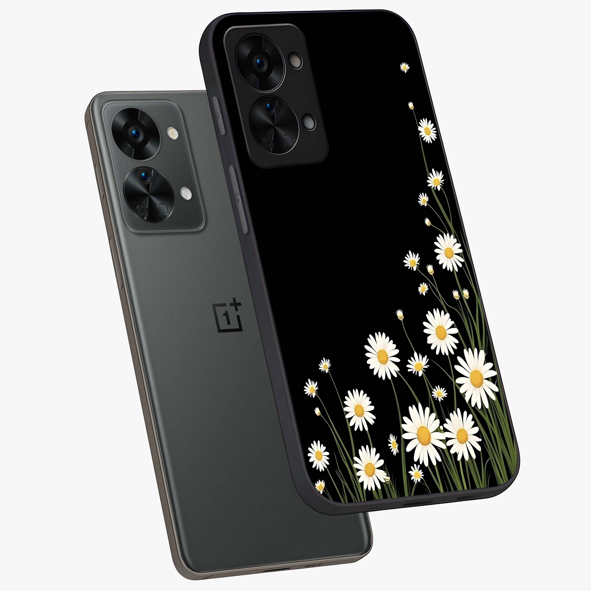 Daisy Cascade on Black Glass Case for 1+Nord 2T angled mockup showcasing glossy finish and bold floral contrast