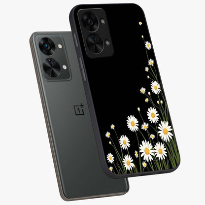Daisy Cascade on Black Glass Case for 1+Nord 2T angled mockup showcasing glossy finish and bold floral contrast