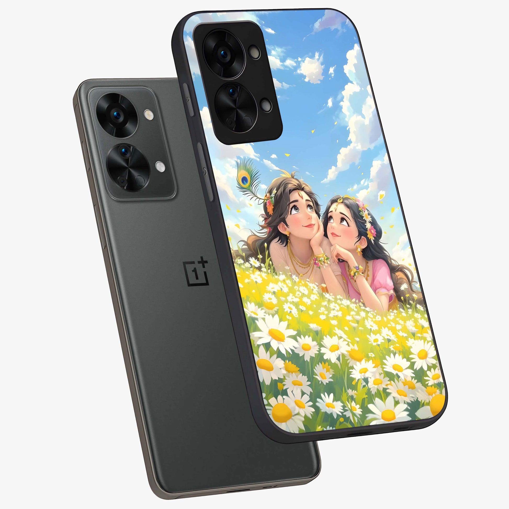Daisy Daydream Love Glass Case for 1+Nord 2T angled mockup showcasing glossy finish and pastel bloom tones