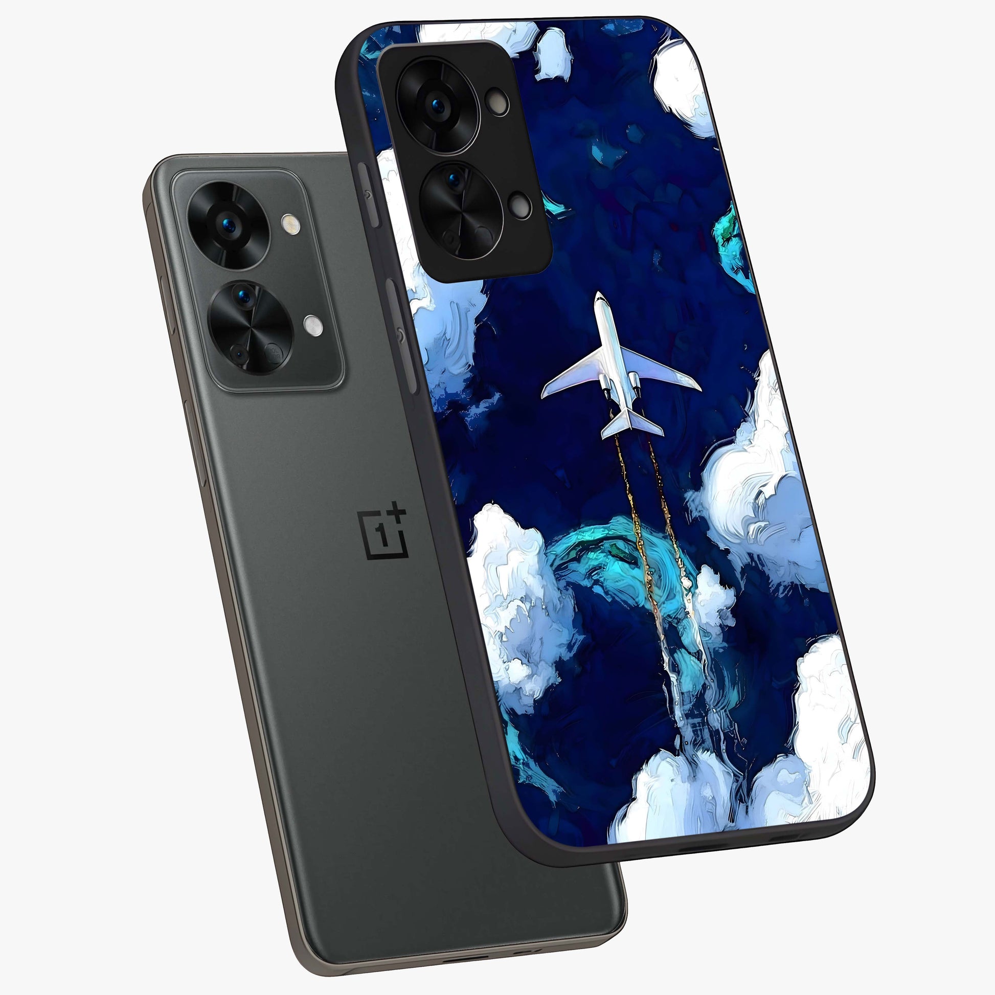 Dark Airplane Glass Case for 1+Nord 2T angled mockup showcasing glossy finish and dramatic sky tones