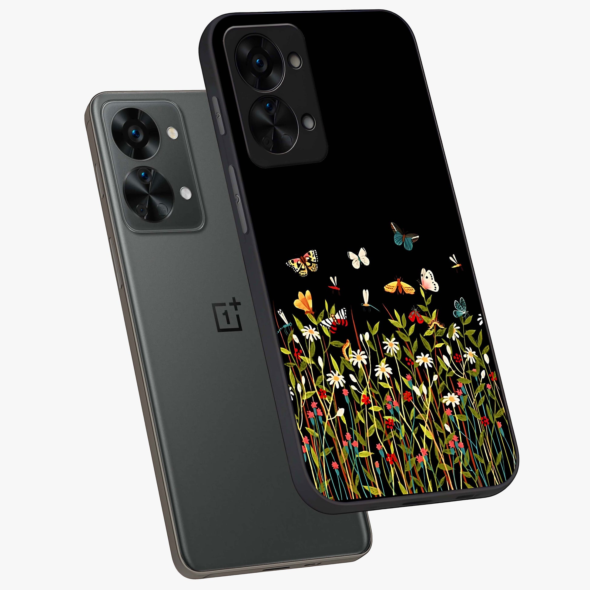 Dark Bloom Wonderland Custom Name Glass Case for 1+Nord 2T angled mockup showcasing glossy finish and rich bloom textures