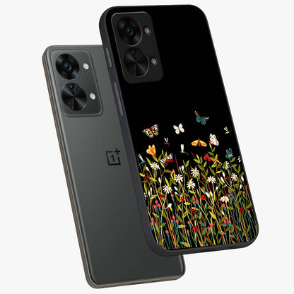 Dark Bloom Wonderland Custom Name Glass Case for 1+Nord 2T angled mockup showcasing glossy finish and rich bloom textures