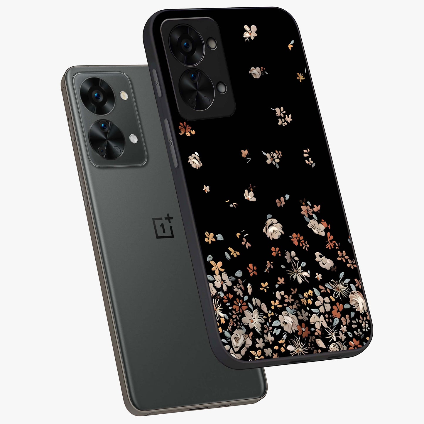 Dark Petal Aesthetic Glass Case for 1+Nord 2T angled mockup showcasing glossy finish and dramatic petal detailing